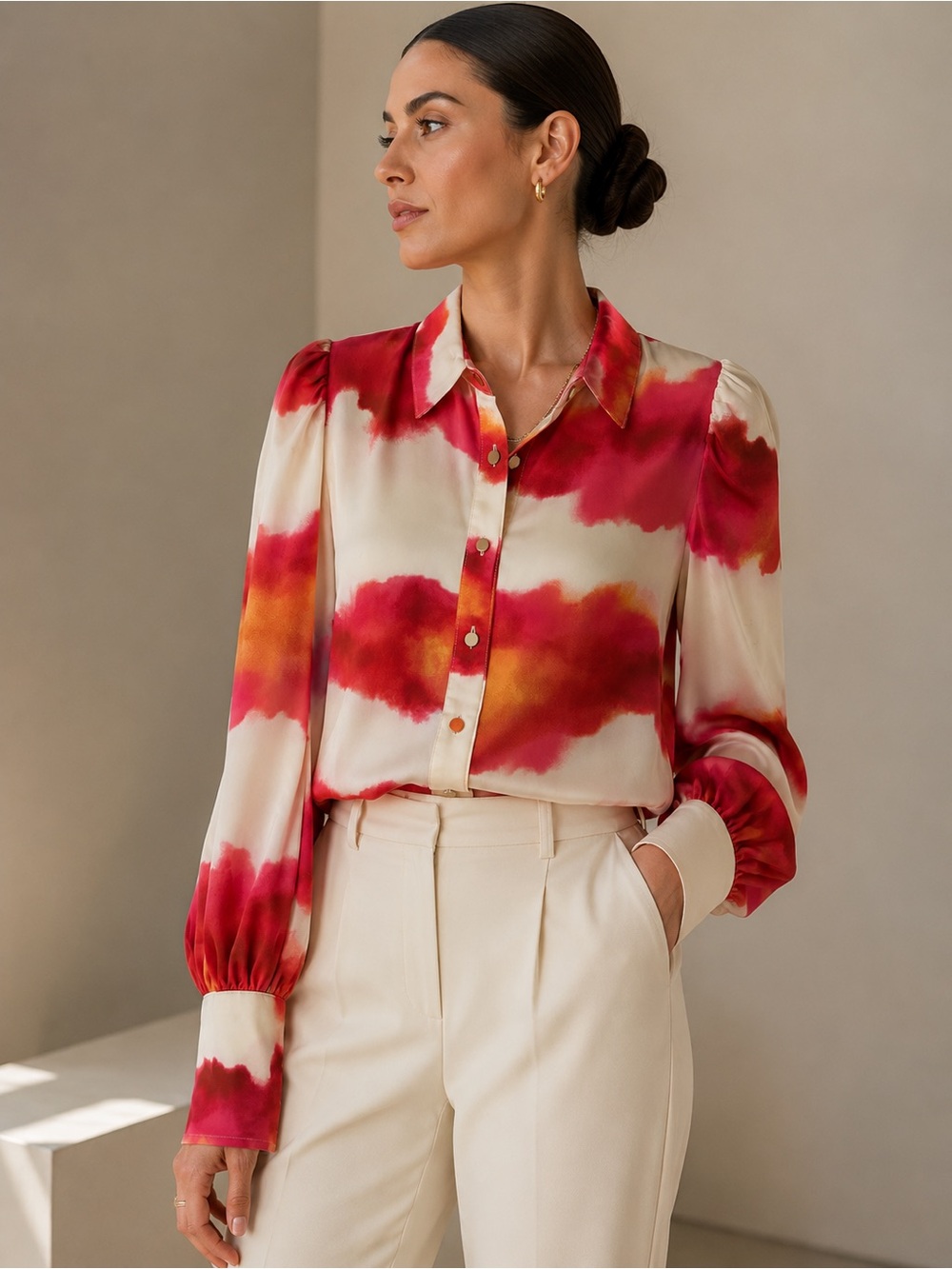 Watercolor Red & Ivory Blouse | Statement Print | Covered Buttons | Medium
